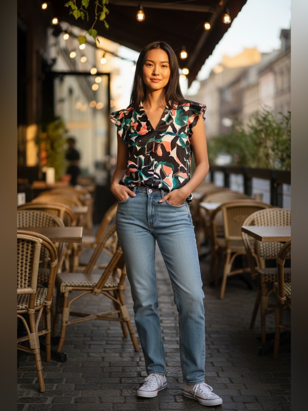 Nine West Black Blouse with Teal, Coral & Cream Floral Print